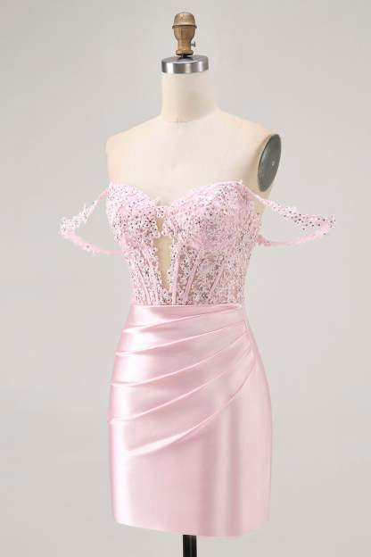 Pink Tight Corset Short Off the Shoulder Homecoming Dress with Lace