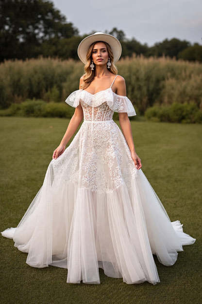 Leely Women White Lace Boho Western Wedding Dress with Ruffles Corset Cold Shoulder A Line Backless Cowgirl Wedding Dress