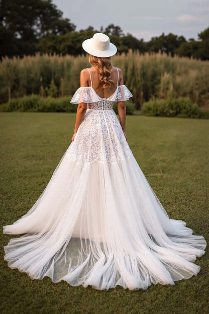 White Lace Corset Boho Sweep Train Western Wedding Dress with Ruffles
