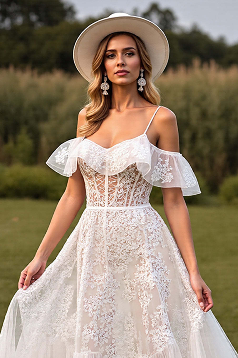 White Lace Corset Boho Sweep Train Western Wedding Dress with Ruffles