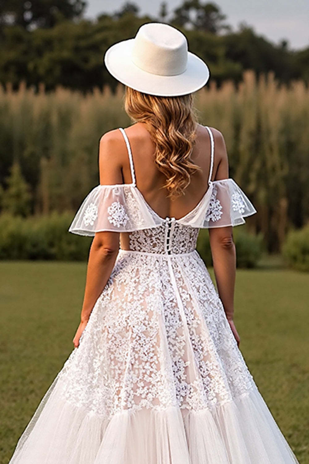 White Lace Corset Boho Sweep Train Western Wedding Dress with Ruffles