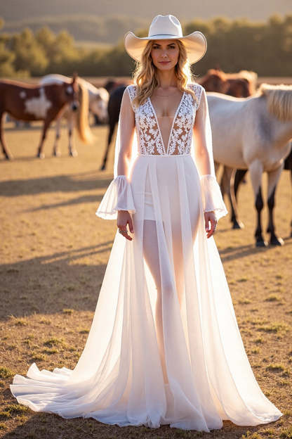 Leely Women White Sweep Train Boho Western Wedding Dress with Lace Long Sleeves V-Neck Chiffon A Line Cowgirl Wedding Dress