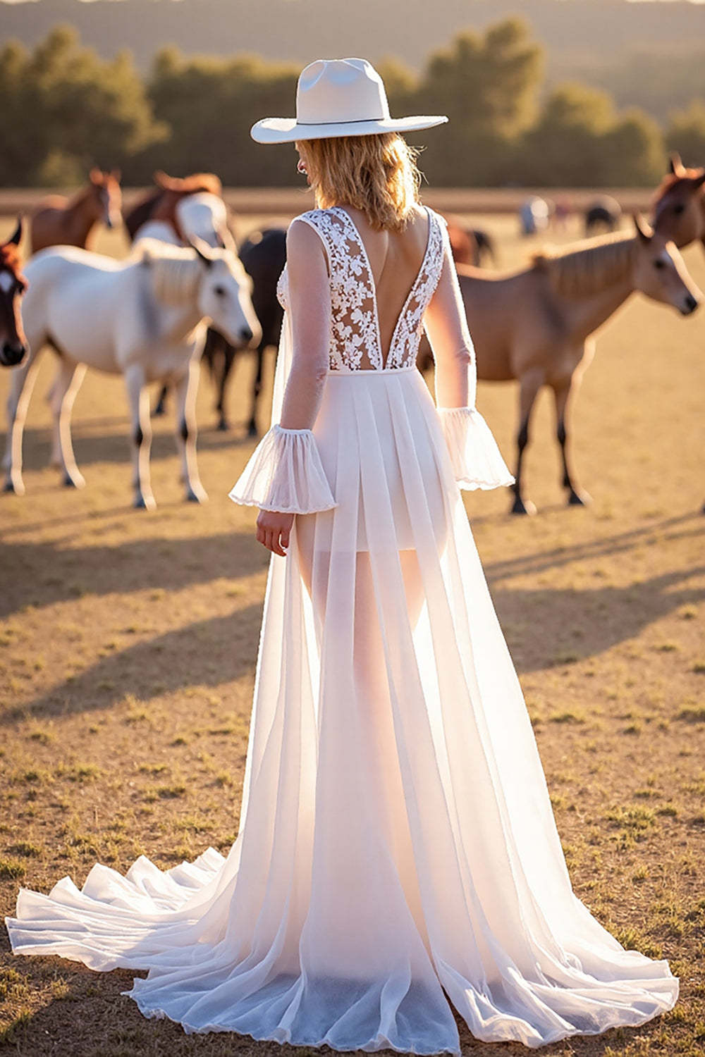 White Long Sleeves A Line Boho Western Wedding Dress with Lace