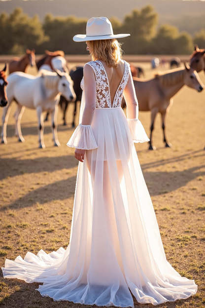 White Long Sleeves A Line Boho Western Wedding Dress with Lace