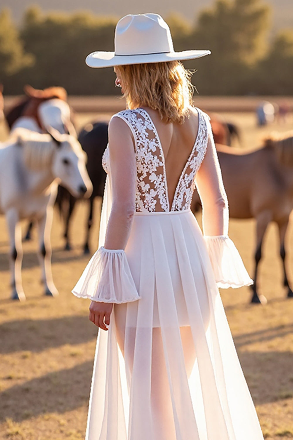 White Long Sleeves A Line Boho Western Wedding Dress with Lace