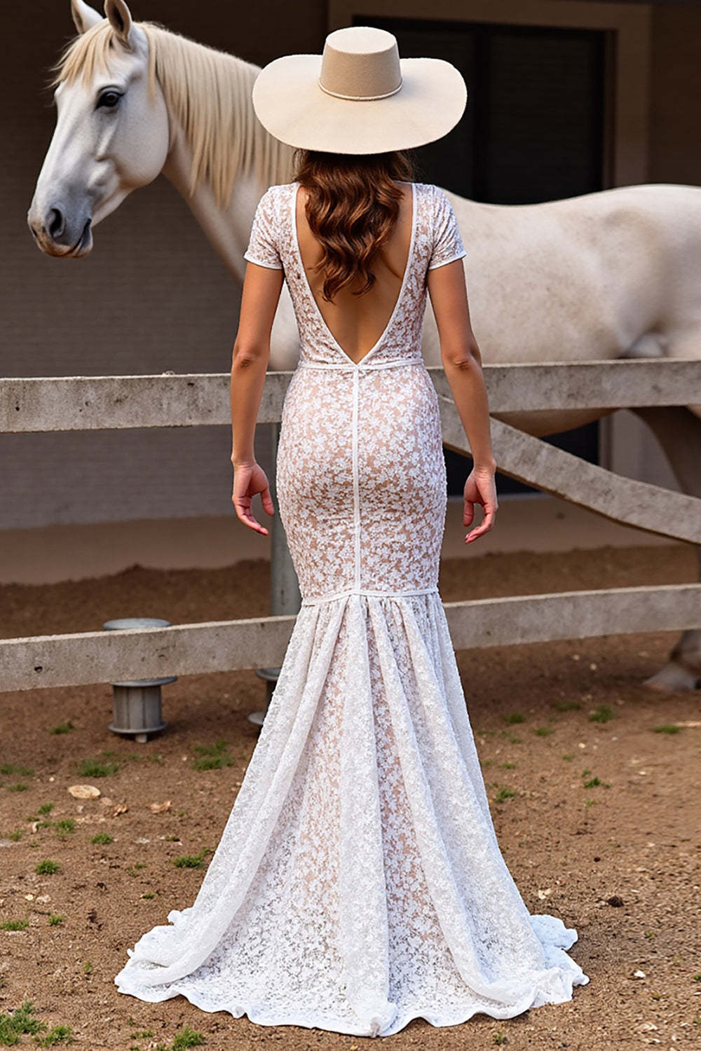 Mermaid White Short Sleeves Boho Lace Maxi Western Wedding Dress with Slit