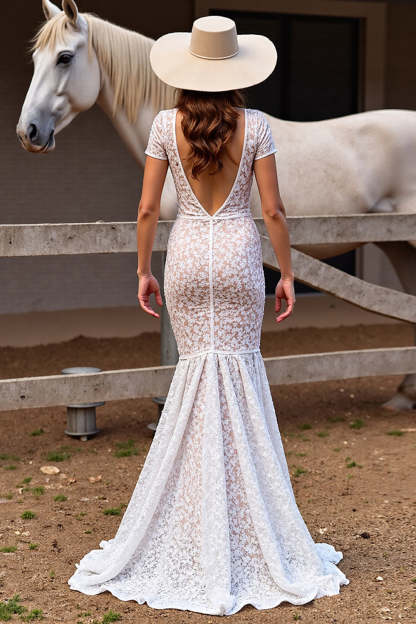 Mermaid White Short Sleeves Boho Lace Maxi Western Wedding Dress with Slit