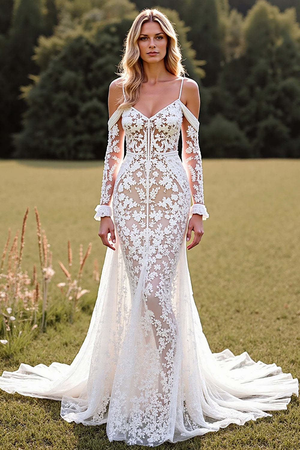 Leely Women White Lace Boho Sweep Train Western Wedding Dress with Sleeves Cold Shoulder Mermaid Cowgirl Wedding Dress