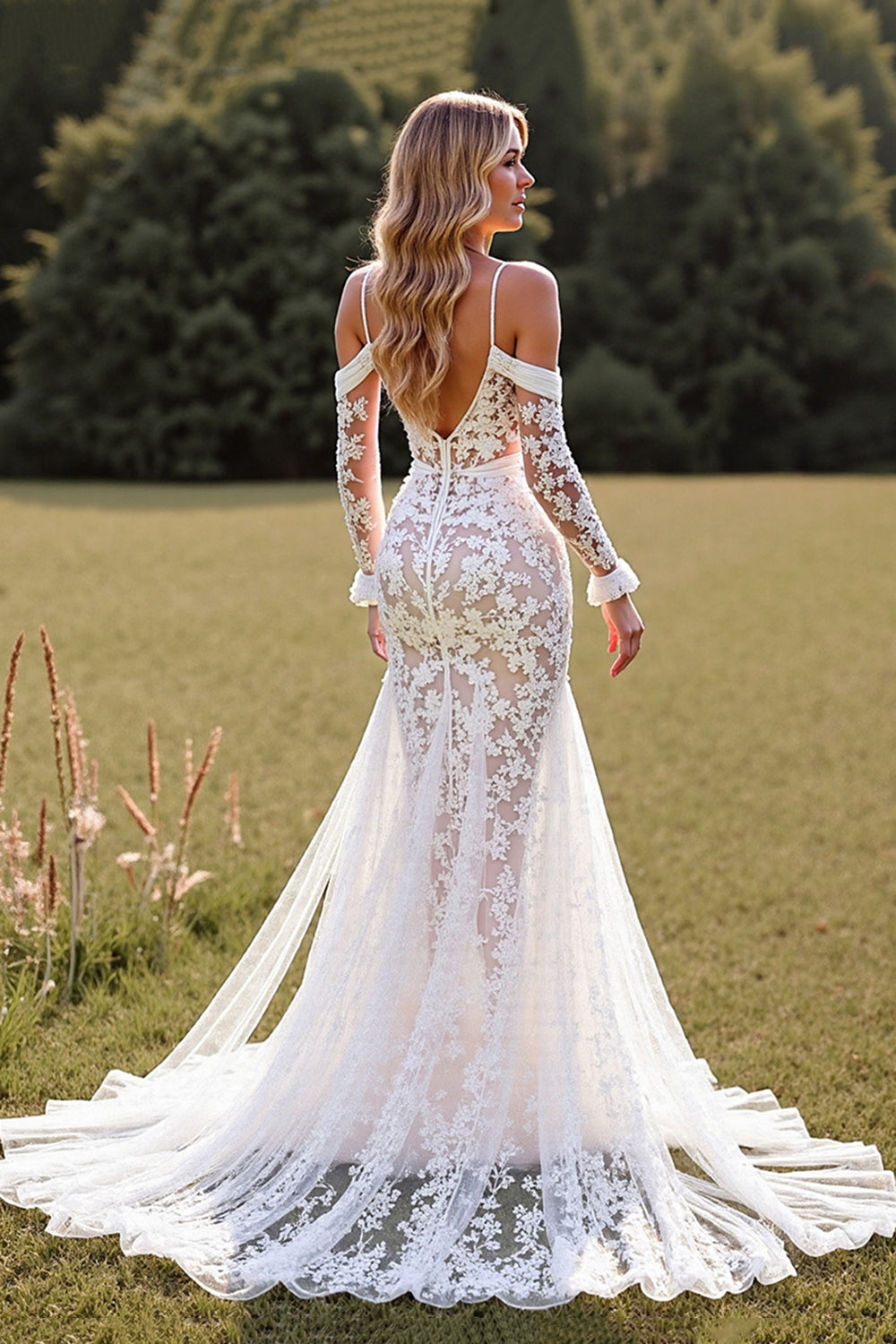 Mermaid Lace White Boho Sweep Train Wedding Dress with Sleeves