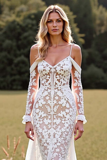 Mermaid Lace White Boho Sweep Train Wedding Dress with Sleeves
