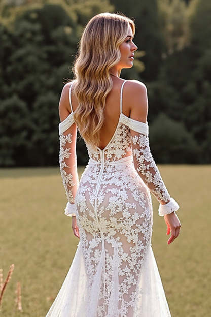 Mermaid Lace White Boho Sweep Train Wedding Dress with Sleeves