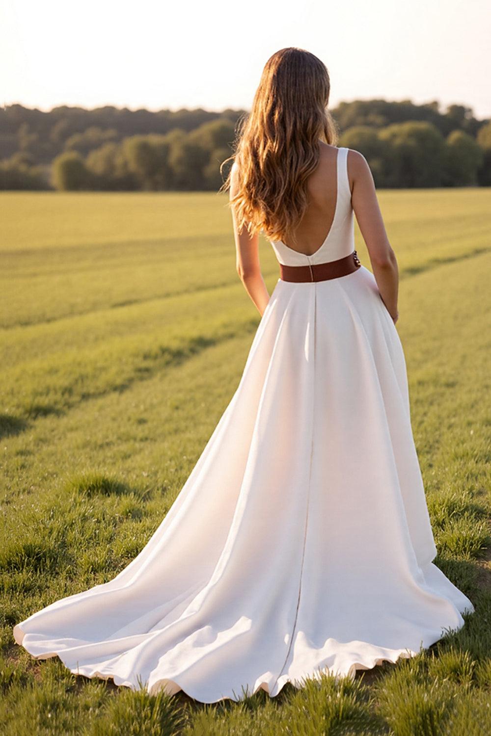 White V-Neck Sweep Train A Line Boho Western Wedding Dress with Slit