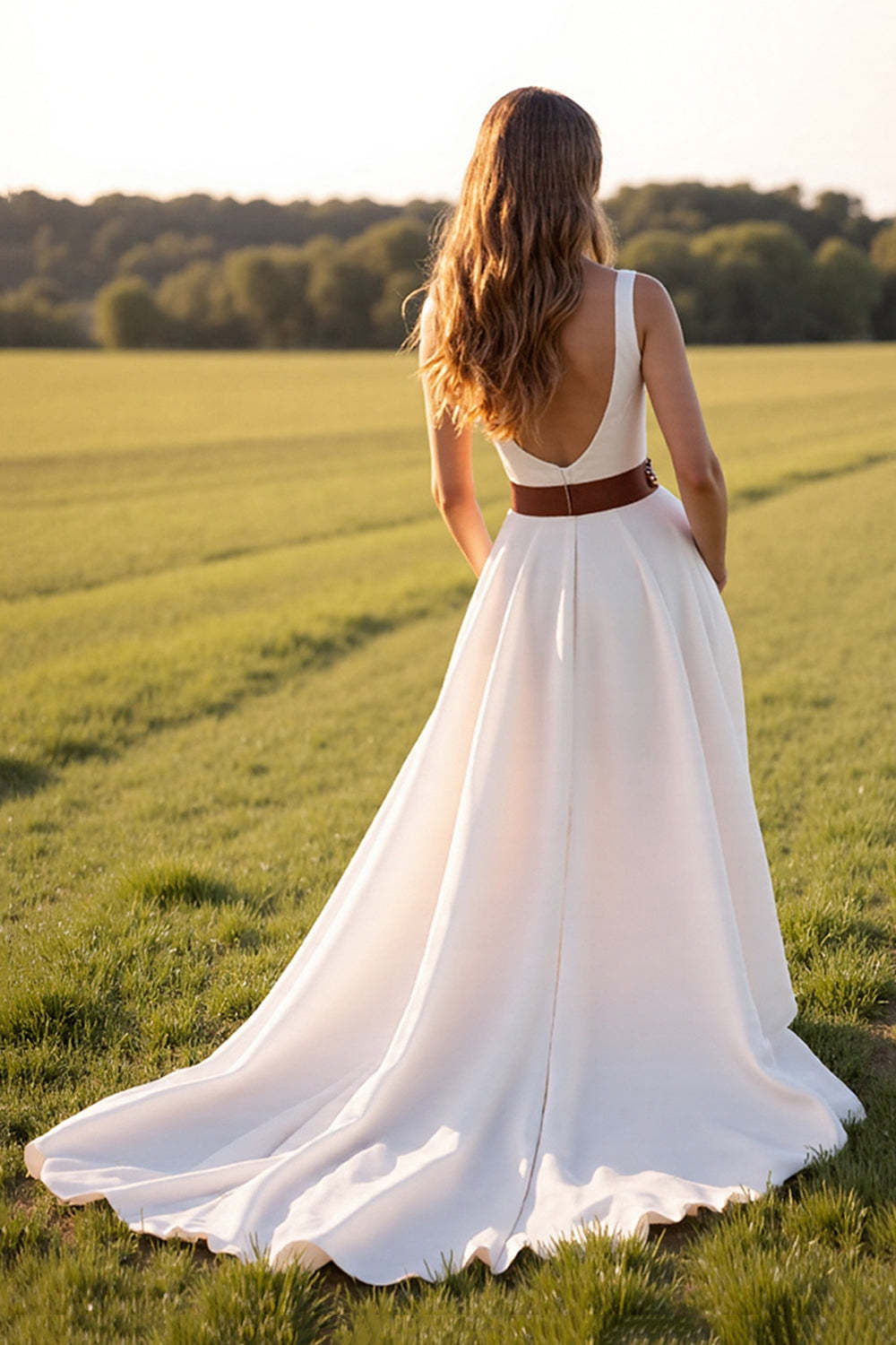 White V-Neck Sweep Train A Line Boho Western Wedding Dress with Slit