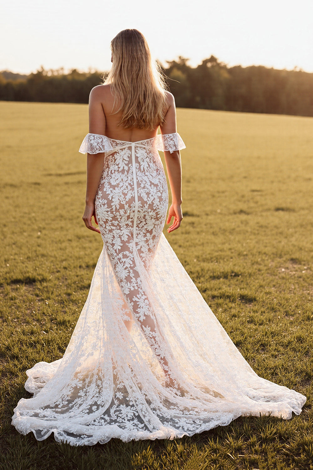 Sweetheart White Boho Lace Sweep Train Western Wedding Dress with Slit