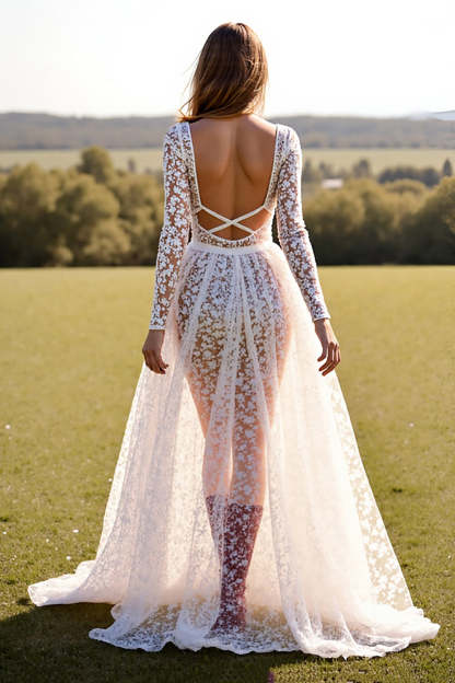 White Lace A Line Long Sleeves Boho Western Wedding Dress with Slit