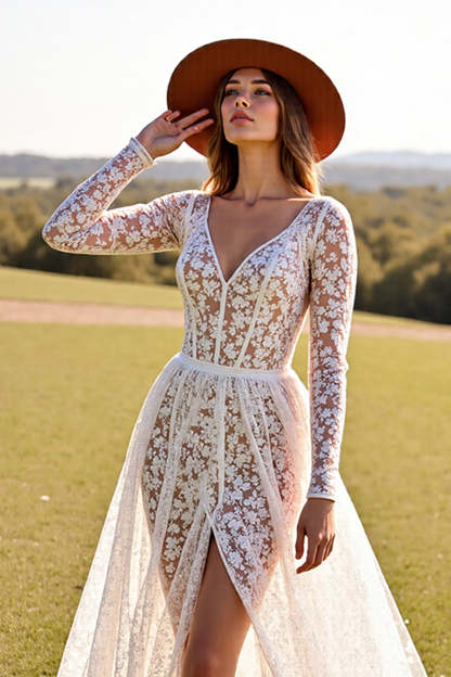 White Lace A Line Long Sleeves Boho Western Wedding Dress with Slit