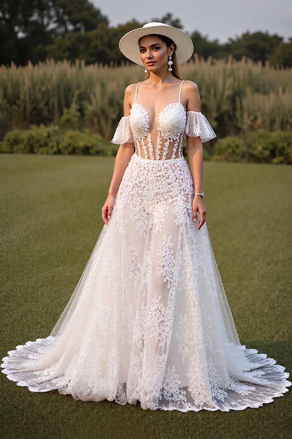White Corset Lace Spaghetti Straps Boho Wedding Dress with Sleeves