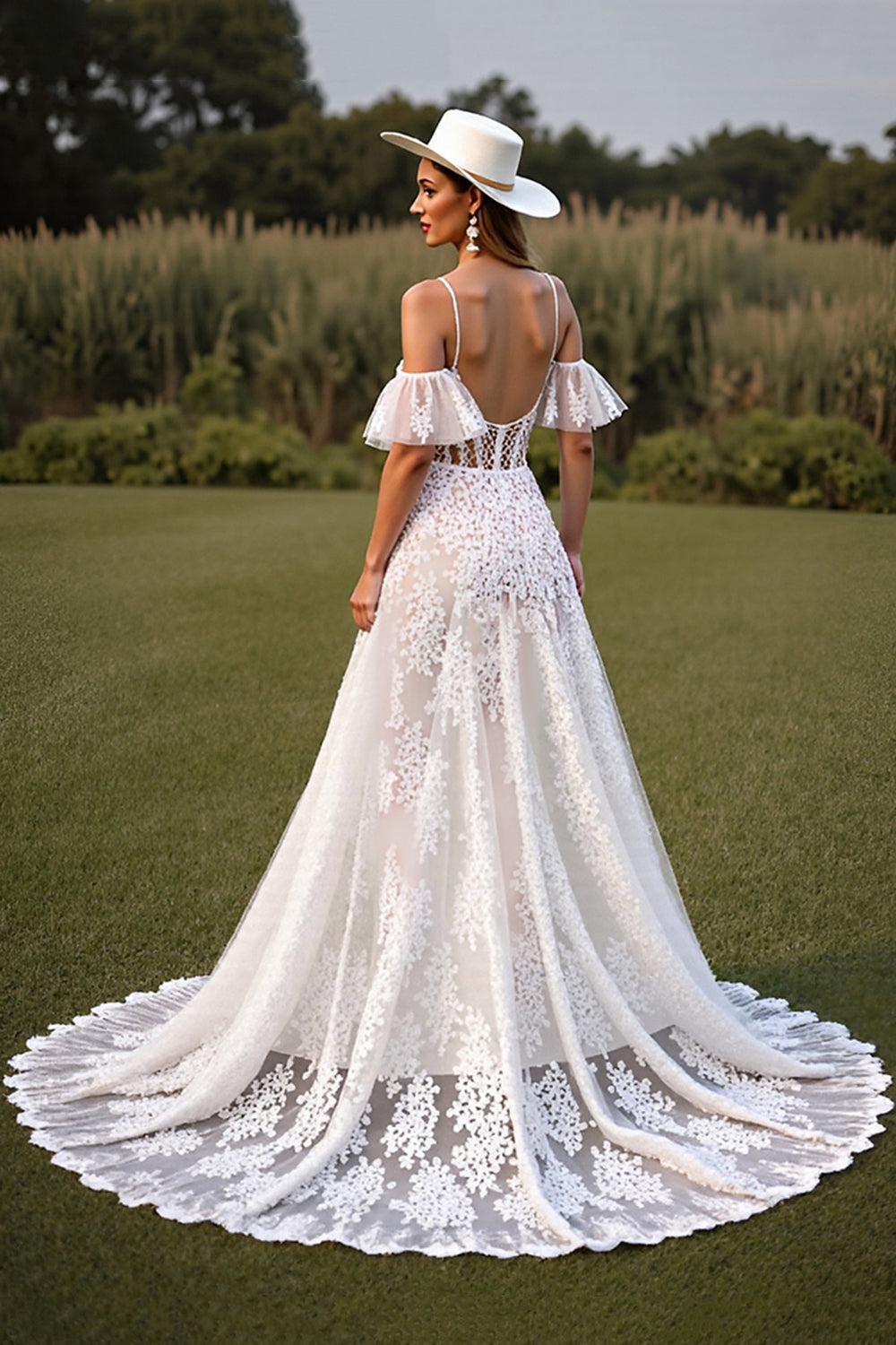 White Corset Lace Spaghetti Straps Boho Wedding Dress with Sleeves