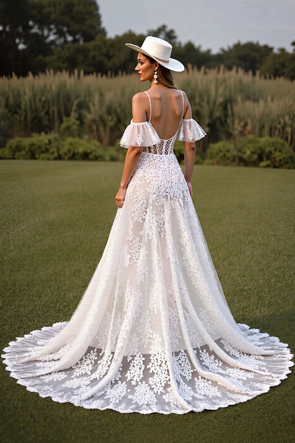 White Corset Lace Spaghetti Straps Boho Wedding Dress with Sleeves