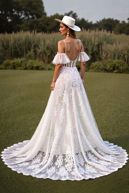 White Corset Lace Spaghetti Straps Boho Wedding Dress with Sleeves