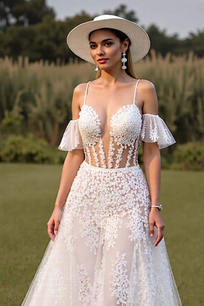 White Corset Lace Spaghetti Straps Boho Wedding Dress with Sleeves