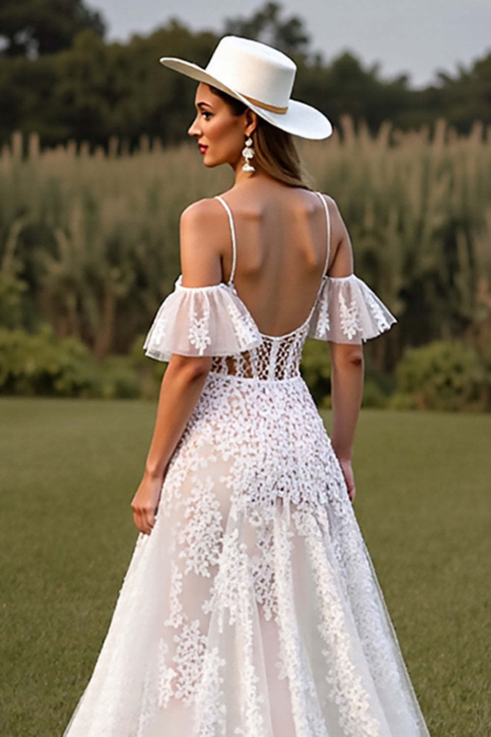 White Corset Lace Spaghetti Straps Boho Wedding Dress with Sleeves