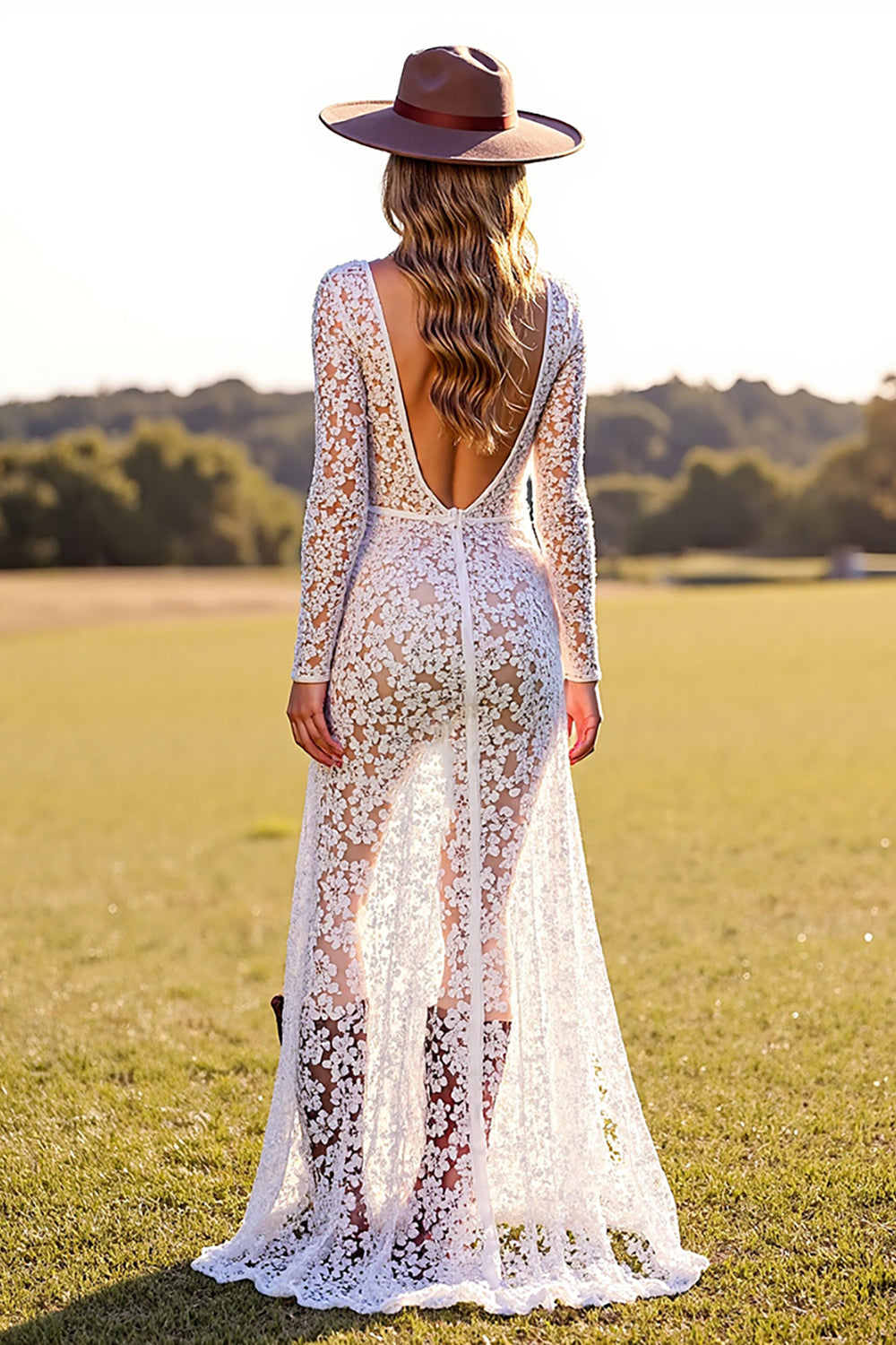 White Lace Boho Sheath V Neck Western Wedding Dress with Slit