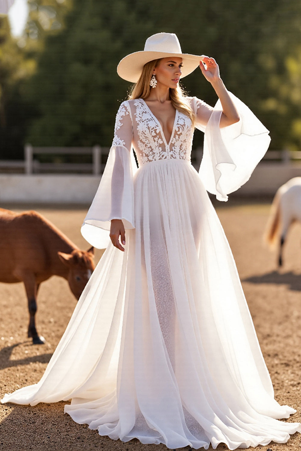 White Flare Sleeves A Line Chiffon Boho Western Wedding Dress with Lace
