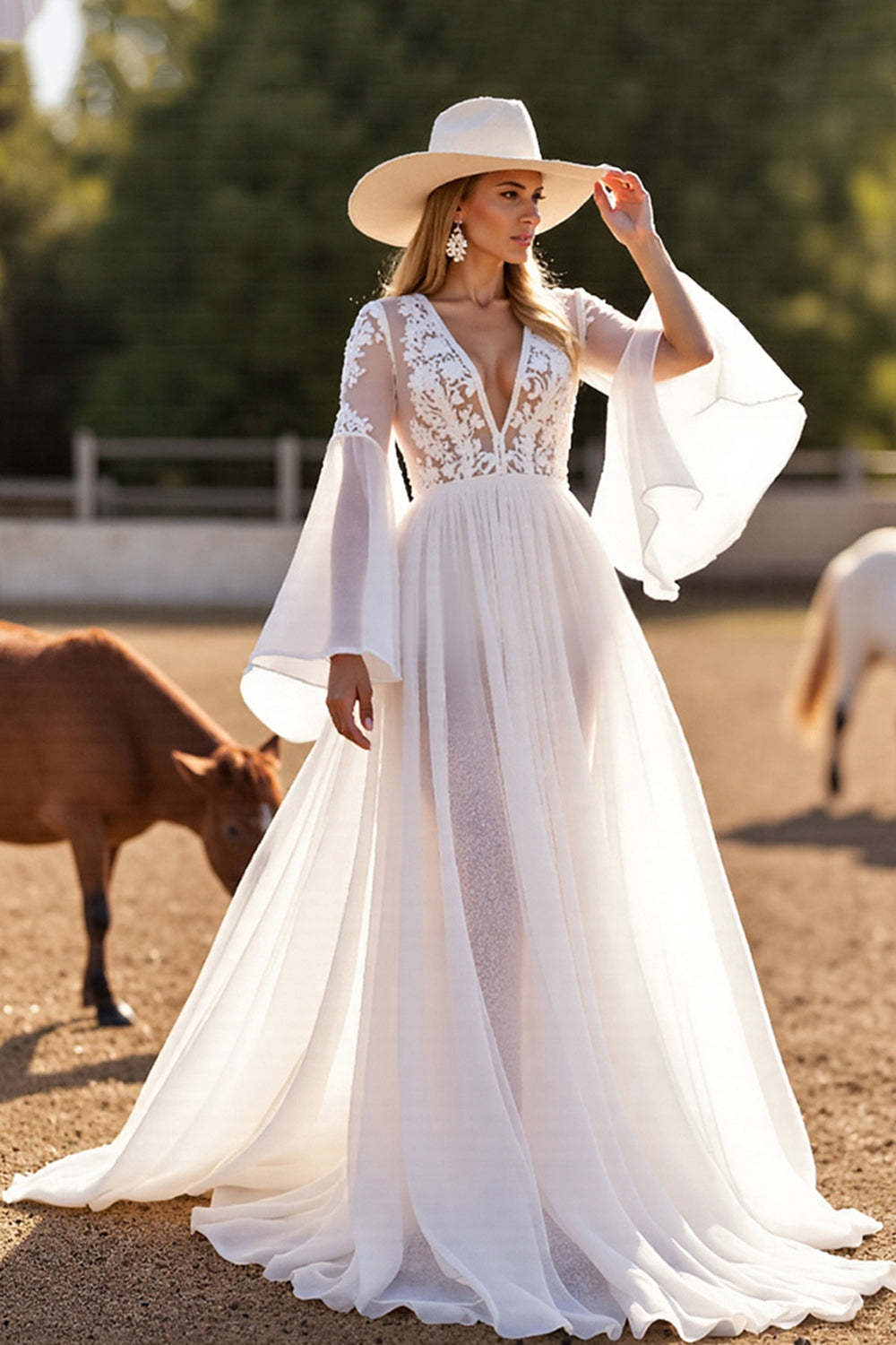 Leely Women White Boho Chiffon Western Wedding Dress with Lace Flare Sleeves A Line Backless V-Neck Maxi Cowgirl Wedding Dress