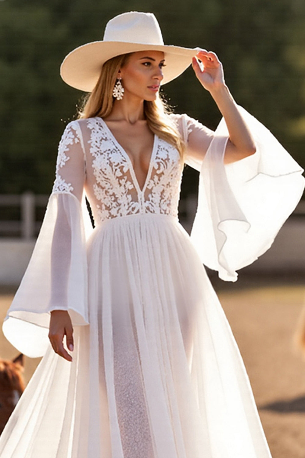 White Flare Sleeves A Line Chiffon Boho Western Wedding Dress with Lace