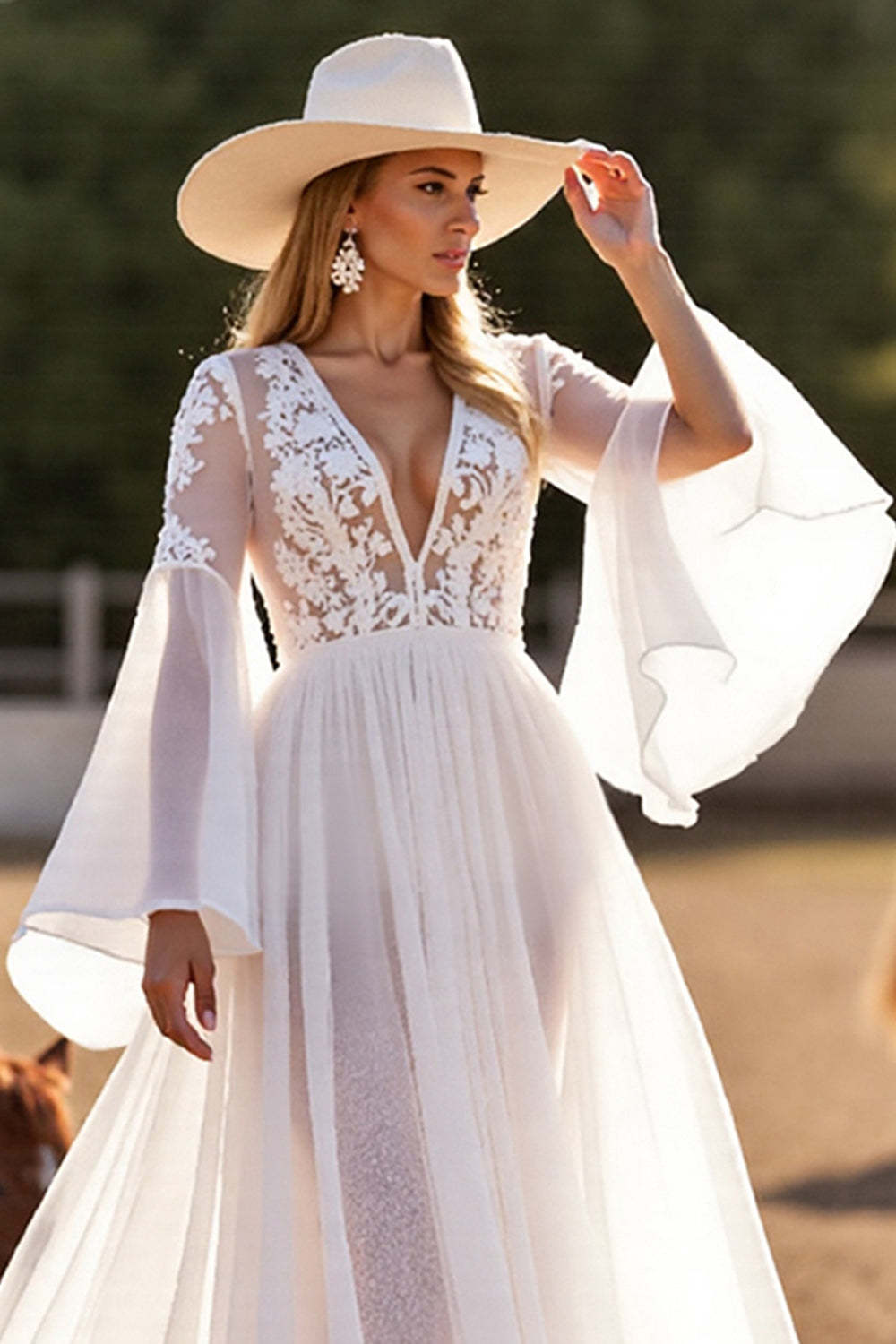 White Flare Sleeves A Line Chiffon Boho Western Wedding Dress with Lace
