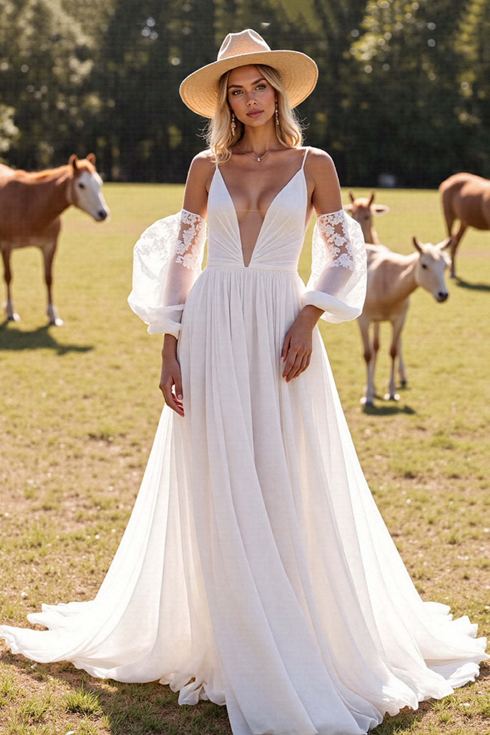 Leely Women White Chiffon A Line Boho Western Wedding Dress with Sleeves Ruched Spaghetti Straps Cowgirl Wedding Dress
