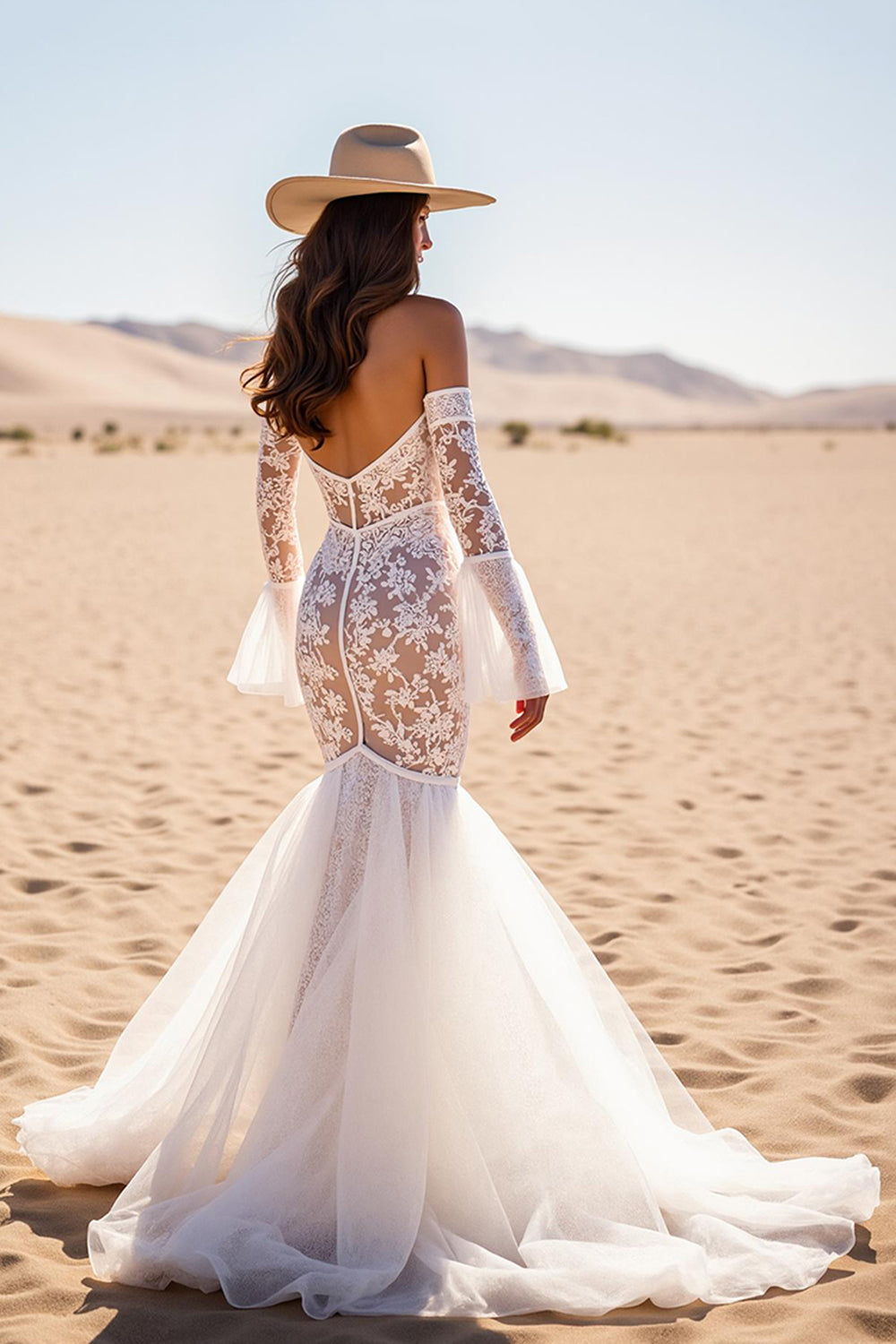 Mermaid White Lace Corset Maxi Boho Western Wedding Dress with Sleeves