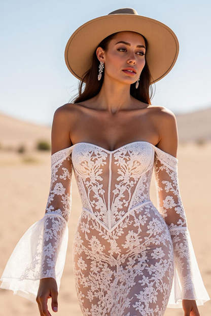 Mermaid White Lace Corset Maxi Boho Western Wedding Dress with Sleeves