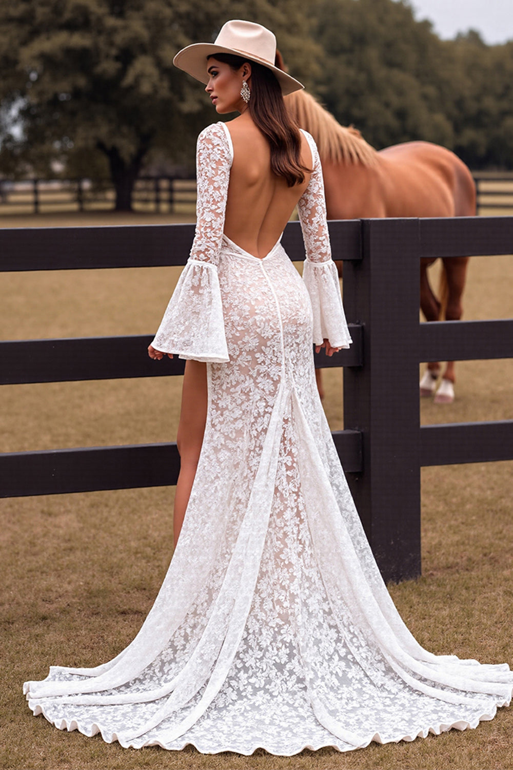 White Lace Boho Sheath Flare Sleeves Western Wedding Dress with Slit