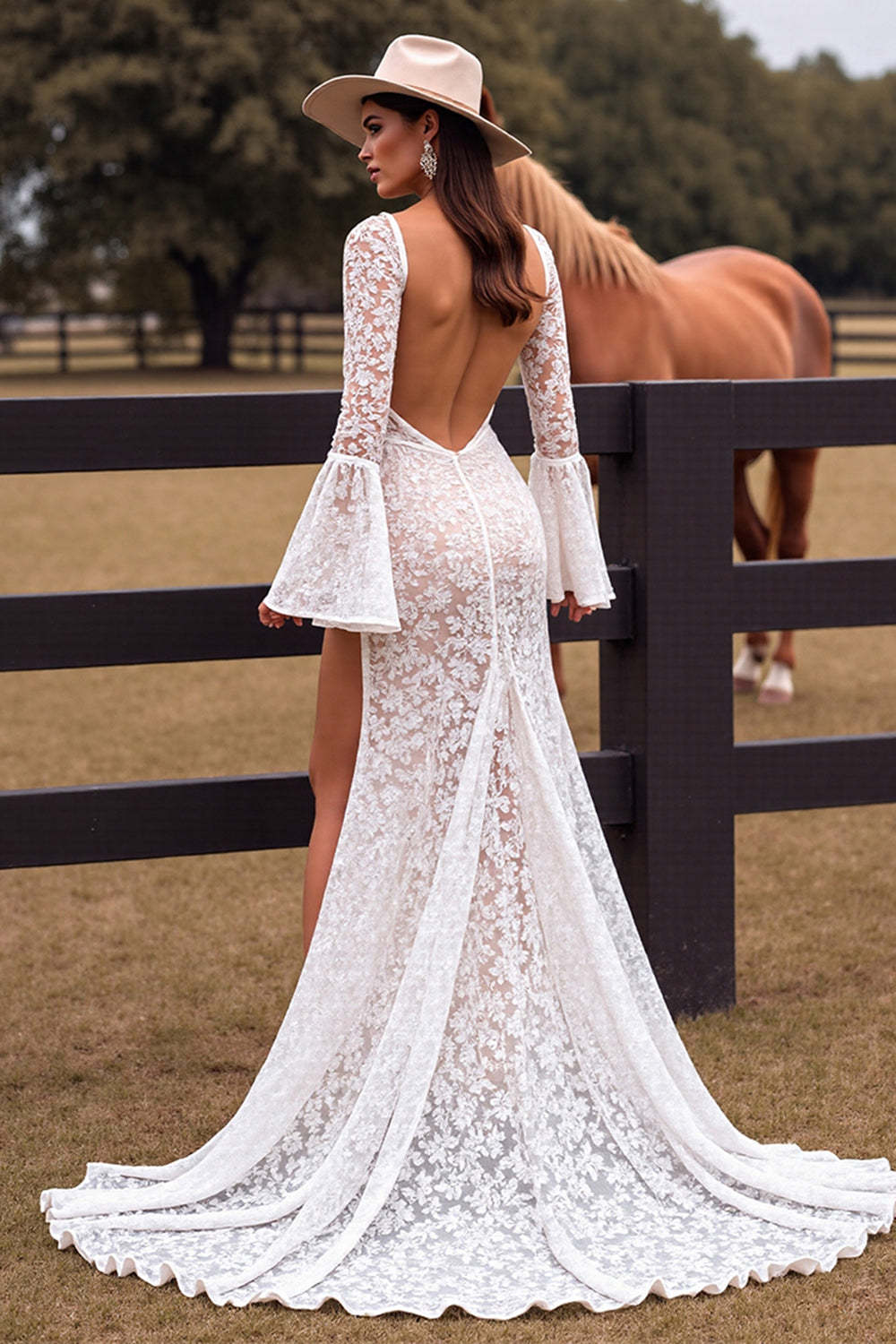 White Lace Boho Sheath Flare Sleeves Western Wedding Dress with Slit