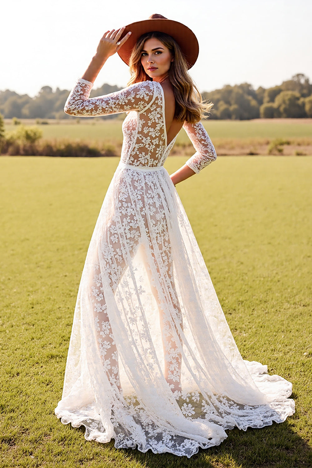 Lace Boho White Long Sleeves Western Wedding Dress with Slit