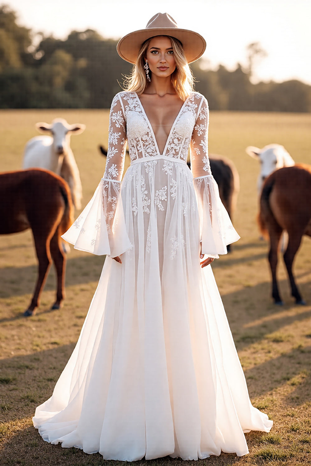 Boho White Flare Sleeves A Line Western Wedding Dress with Appliques