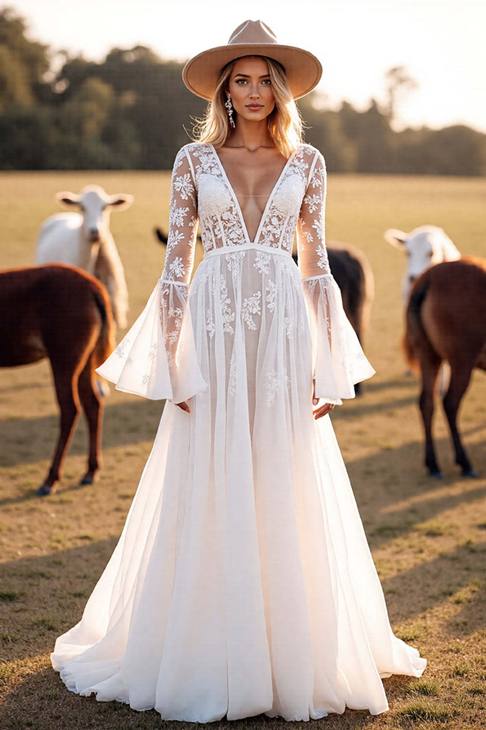 Leely Women White Corset Maxi A Line Western Wedding Dress with Appliques Boho Flare Sleeves Backless Cowgirl Wedding Dress
