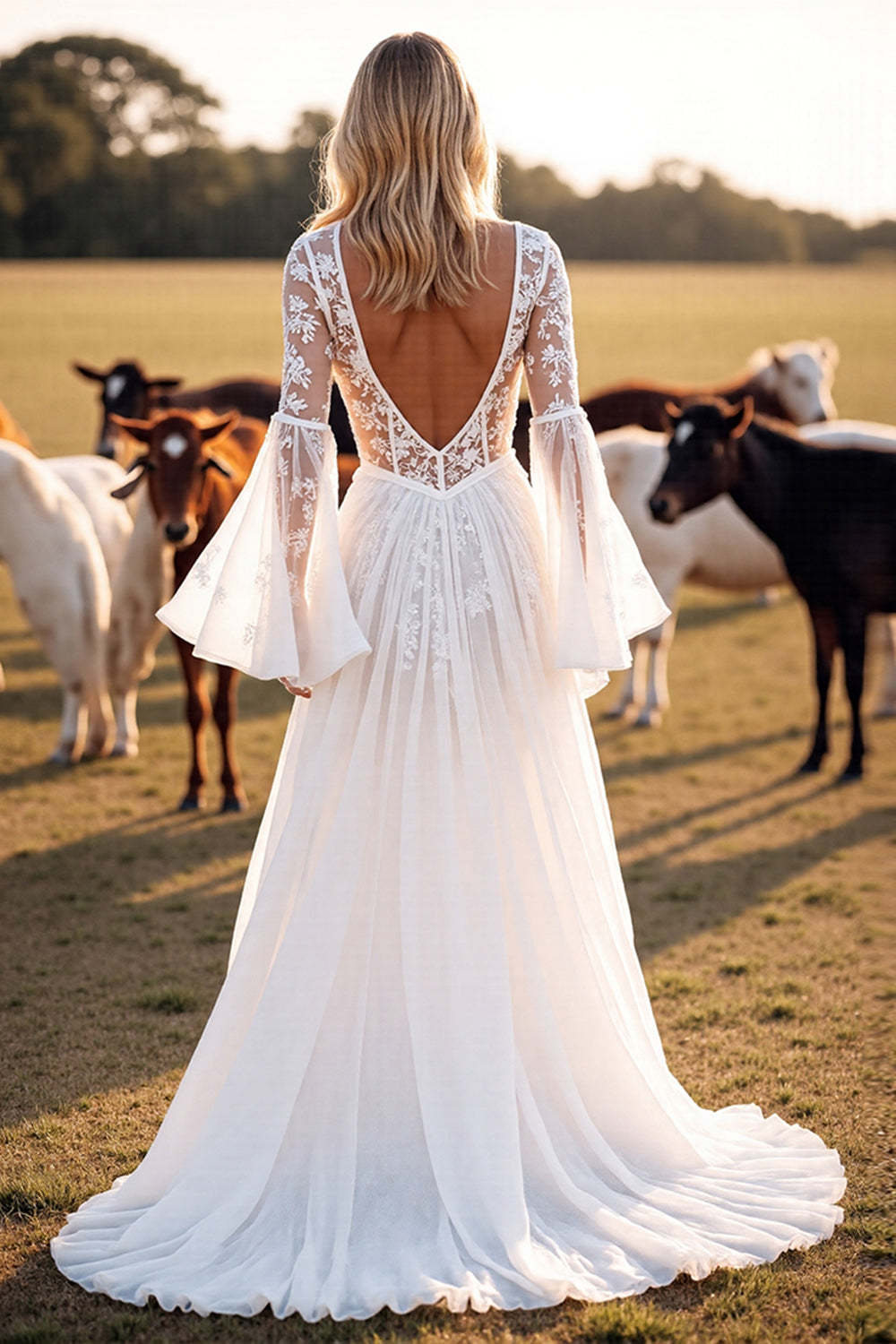 Boho White Flare Sleeves A Line Western Wedding Dress with Appliques