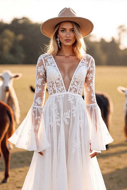 Boho White Flare Sleeves A Line Western Wedding Dress with Appliques