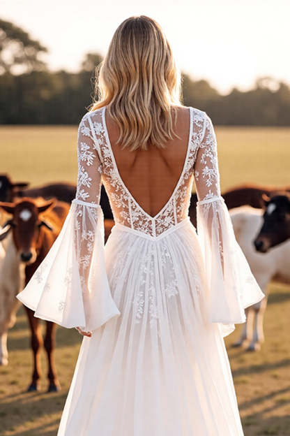 Boho White Flare Sleeves A Line Western Wedding Dress with Appliques