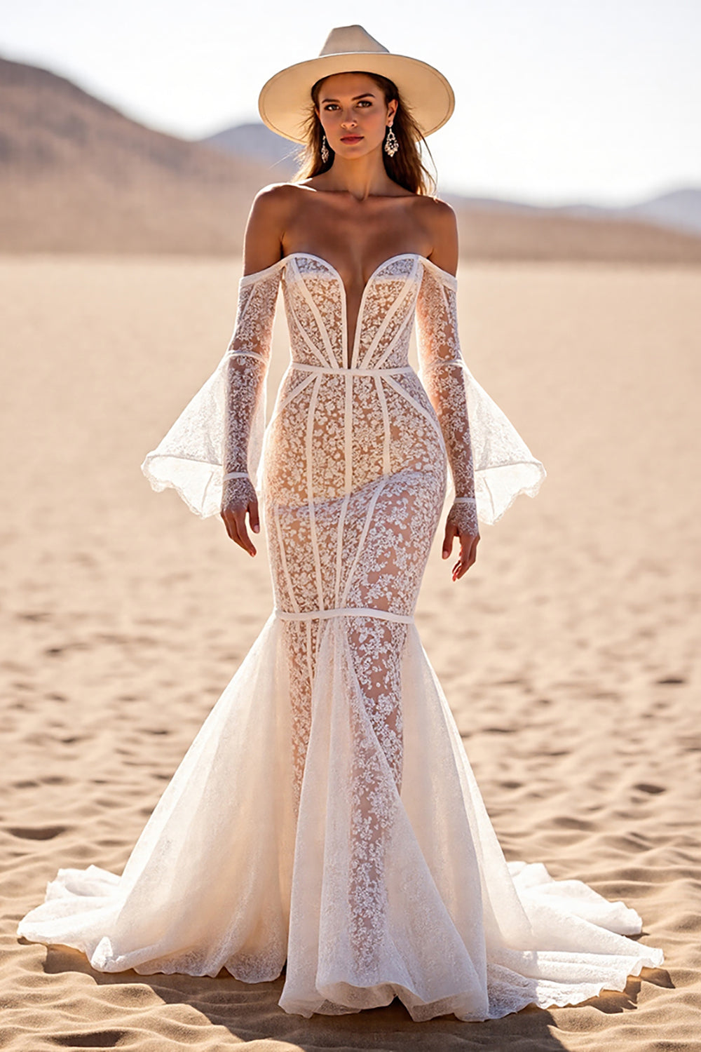 Boho White Flare Sleeves Corset Mermaid Lace Western Wedding Dress