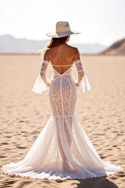 Boho White Flare Sleeves Corset Mermaid Lace Western Wedding Dress