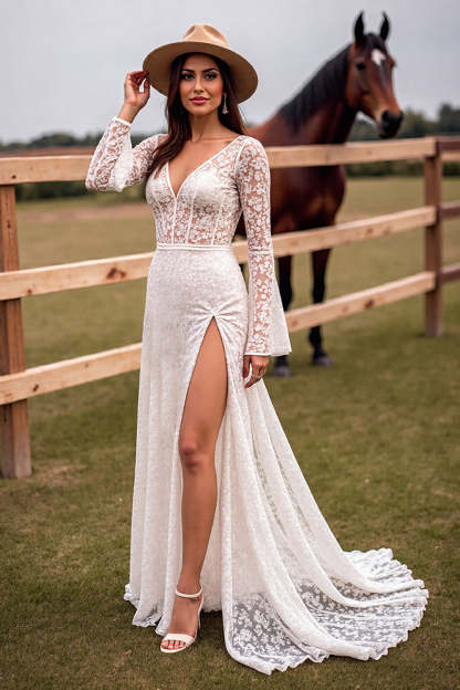 Leely Women White Lace Maxi Boho Western Wedding Dress with Slit Corset V-Neck Sheath Backless Cowgirl Wedding Dress with Sleeves