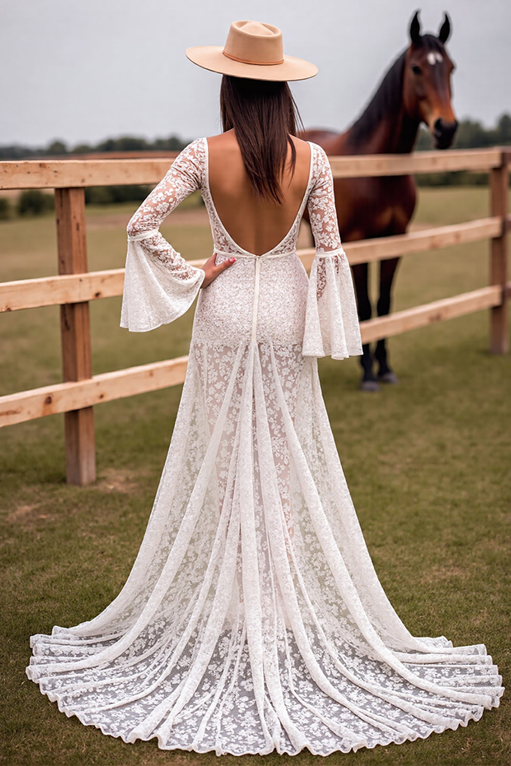 Boho Corset White V-Neck Maxi Western Wedding Dress with Slit
