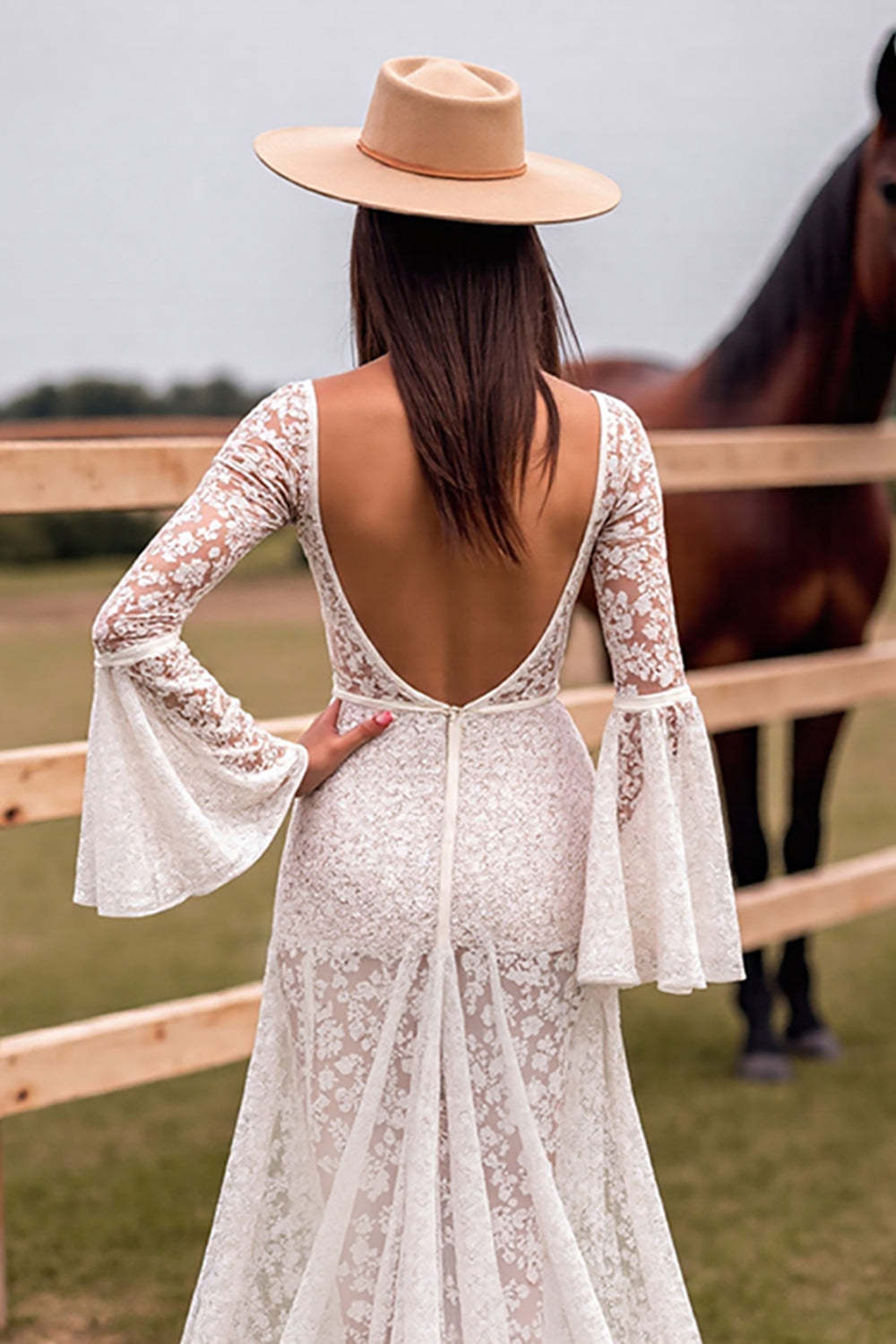Boho Corset White V-Neck Maxi Western Wedding Dress with Slit