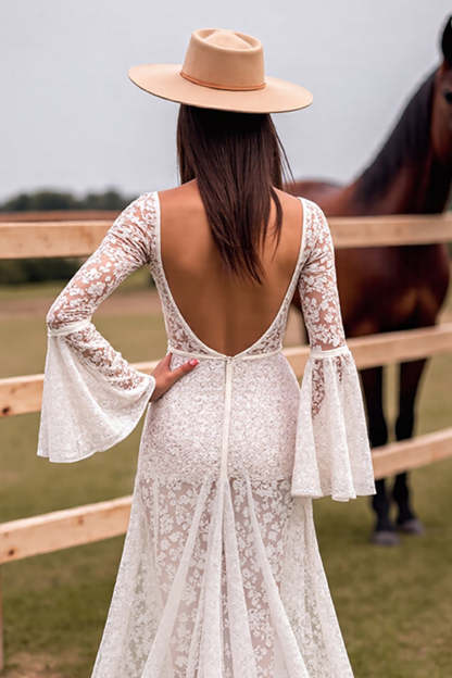Boho Corset White V-Neck Maxi Western Wedding Dress with Slit