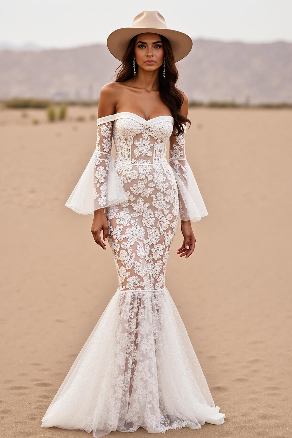 Leely Women White Corset Maxi Boho Western Wedding Dress Lace V-Neck Mermaid Off the Shoulder Cowgirl Wedding Dress with Sleeves