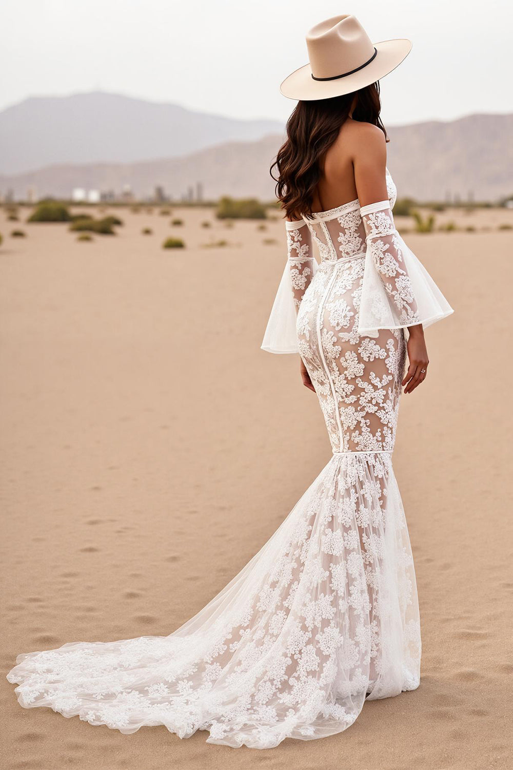 Mermaid Boho Corset White Lace Western Wedding Dress with Sleeves